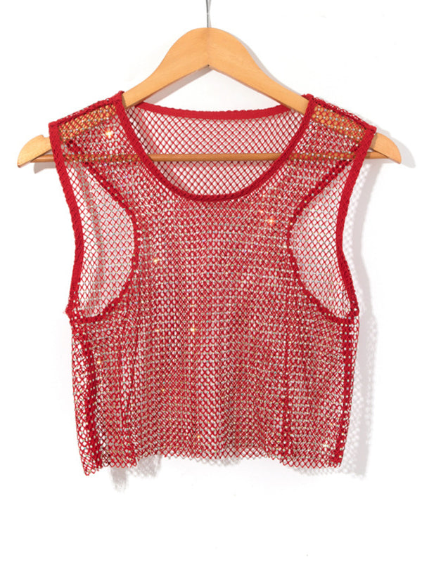 WW | Sexy Mesh Blitz Diamant Fischernetz Weste Nachtclub Perspektive heißes Mädchen T-Shirt Top