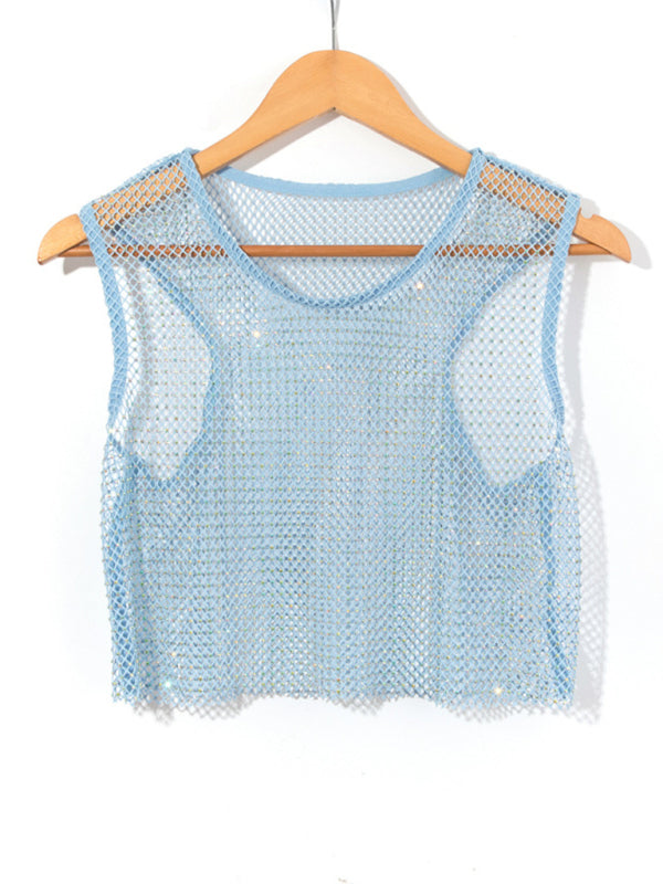 WW | Sexy Mesh Blitz Diamant Fischernetz Weste Nachtclub Perspektive heißes Mädchen T-Shirt Top