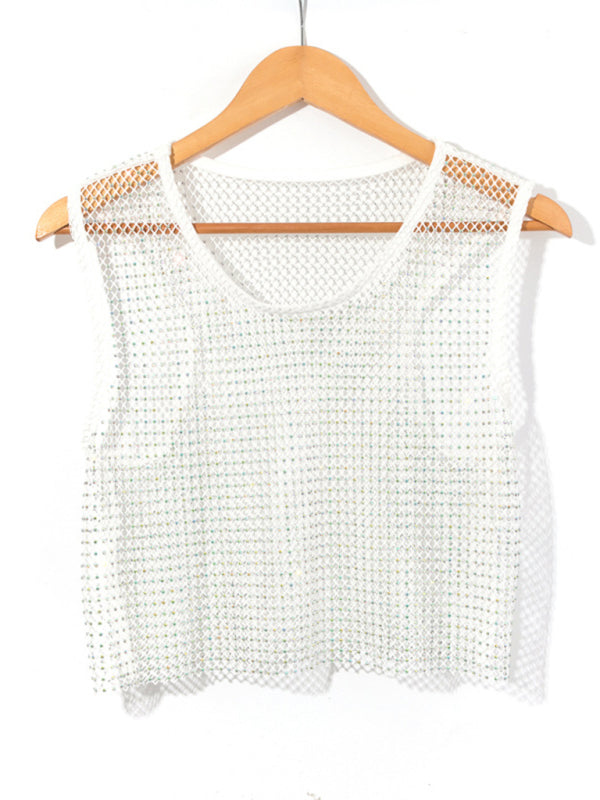 WW | Sexy Mesh Blitz Diamant Fischernetz Weste Nachtclub Perspektive heißes Mädchen T-Shirt Top