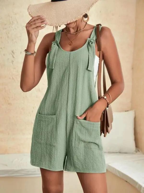 WW | Damen Einfarbige Patch-Tasche Schnürung Freizeit Overall