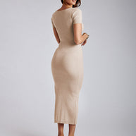 WW | Damen Strick V-Ausschnitt enganliegend Schlitz Kurzarm Midikleid