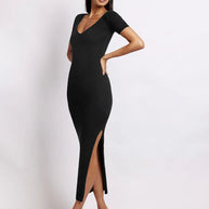 WW | Damen Strick V-Ausschnitt enganliegend Schlitz Kurzarm Midikleid