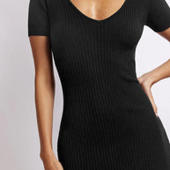 WW | Damen Strick V-Ausschnitt enganliegend Schlitz Kurzarm Midikleid