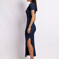 WW | Damen Strick V-Ausschnitt enganliegend Schlitz Kurzarm Midikleid