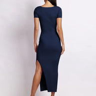 WW | Damen Strick V-Ausschnitt enganliegend Schlitz Kurzarm Midikleid