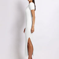 WW | Damen Strick V-Ausschnitt enganliegend Schlitz Kurzarm Midikleid