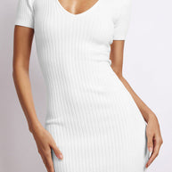 WW | Damen Strick V-Ausschnitt enganliegend Schlitz Kurzarm Midikleid