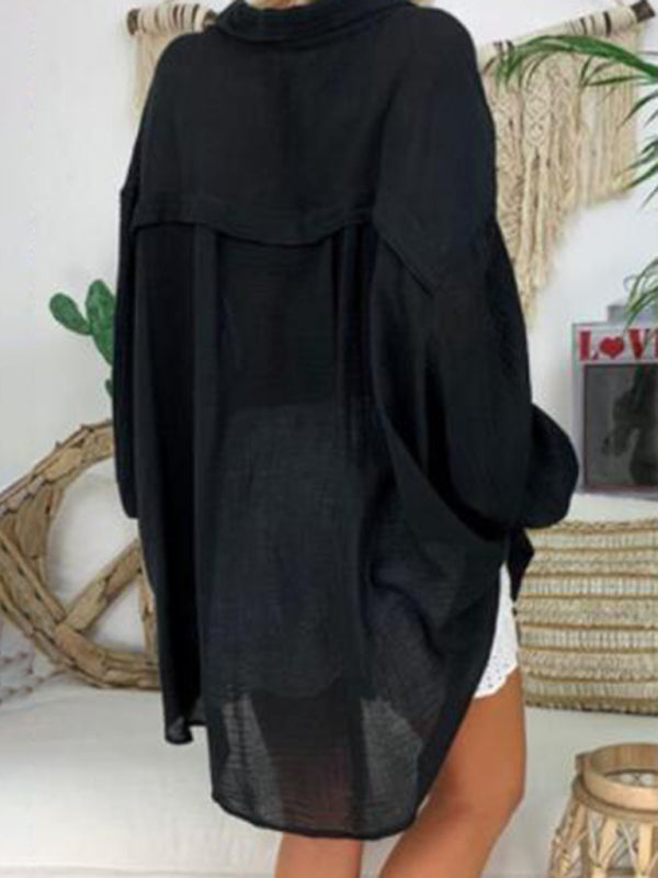 WW | Baumwoll-Leinen-Shirt Plus Size Damen Knopf Locker Langarm Freizeitshirt Damen Oberteile