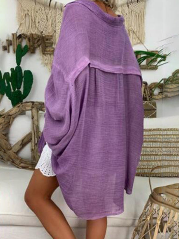 WW | Baumwoll-Leinen-Shirt Plus Size Damen Knopf Locker Langarm Freizeitshirt Damen Oberteile