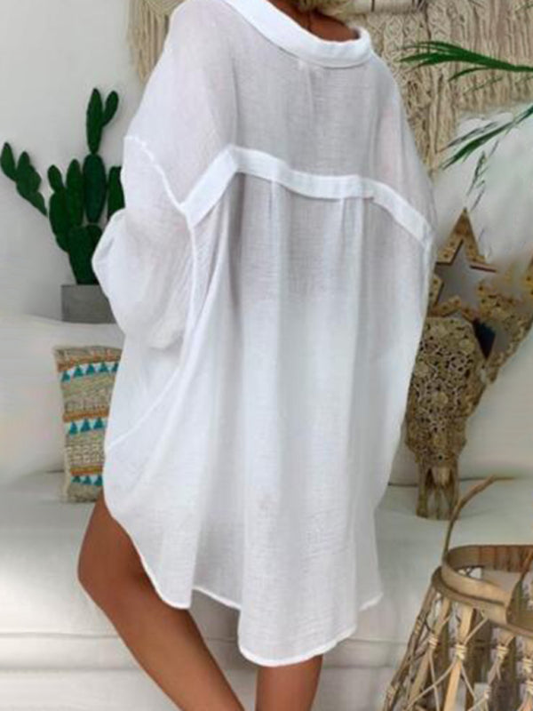WW | Baumwoll-Leinen-Shirt Plus Size Damen Knopf Locker Langarm Freizeitshirt Damen Oberteile