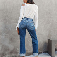 WW | Damen Denim Gewaschene Hochbund Modische Lässige Design Taillenzughose