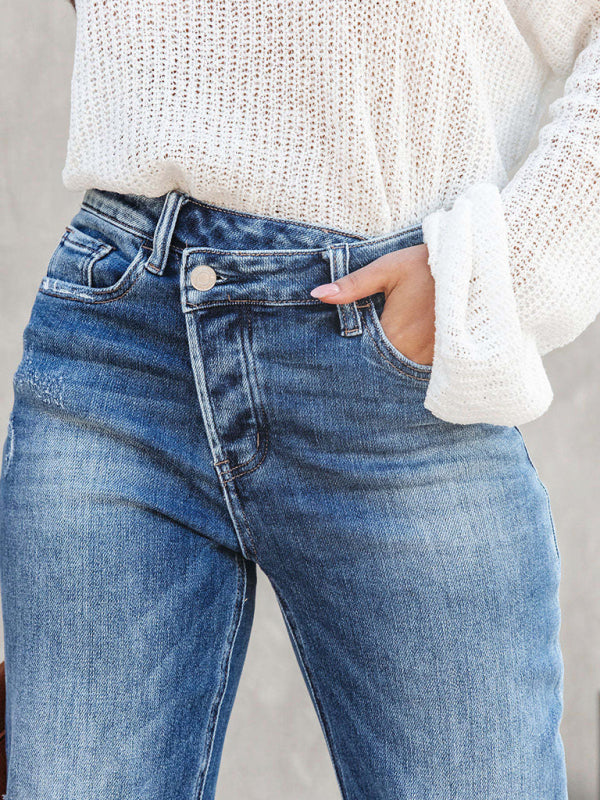 WW | Damen Denim Gewaschene Hochbund Modische Lässige Design Taillenzughose
