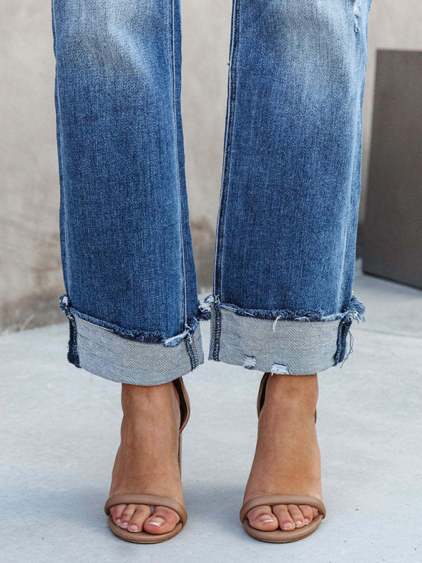 WW | Damen Denim Gewaschene Hochbund Modische Lässige Design Taillenzughose