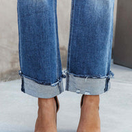 WW | Damen Denim Gewaschene Hochbund Modische Lässige Design Taillenzughose