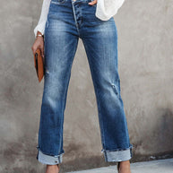 WW | Damen Denim Gewaschene Hochbund Modische Lässige Design Taillenzughose