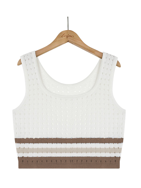 WW | Khaki Streifenmuster Offene Masche Crop Top & Bleistiftrock Satz