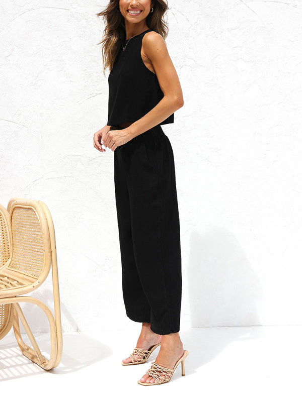 W&W Mode | Damen Lässige Ärmellose Knopfleiste Weste Kurze Weit Geschnittene Hose Baumwolle Und Leinen Anzug