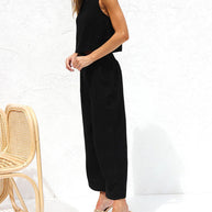 WW | Damen Lässige Ärmellose Knopfleiste Weste Kurze Weit Geschnittene Hose Baumwolle Und Leinen Anzug