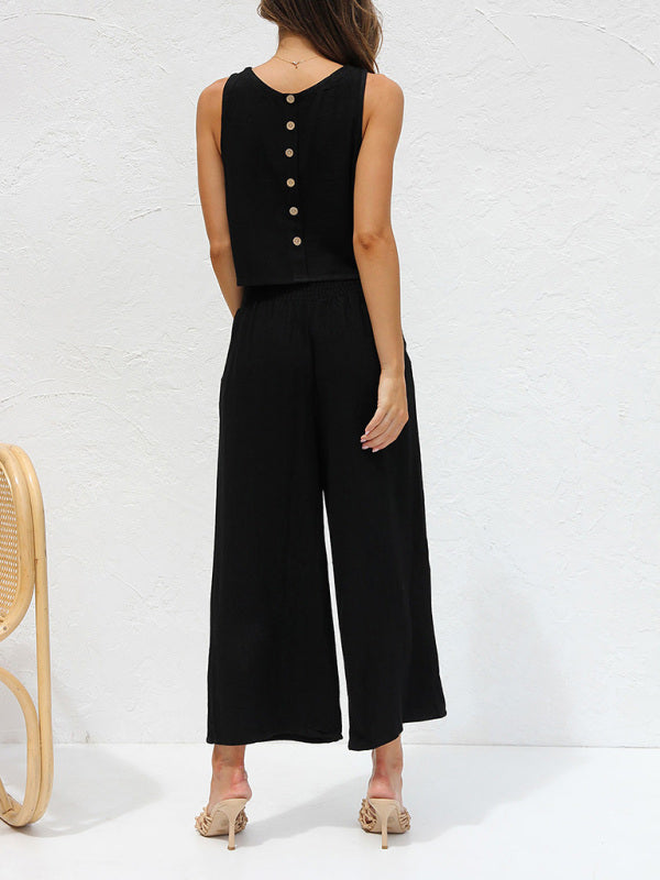 W&W Mode | Damen Lässige Ärmellose Knopfleiste Weste Kurze Weit Geschnittene Hose Baumwolle Und Leinen Anzug