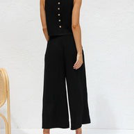 WW | Damen Lässige Ärmellose Knopfleiste Weste Kurze Weit Geschnittene Hose Baumwolle Und Leinen Anzug