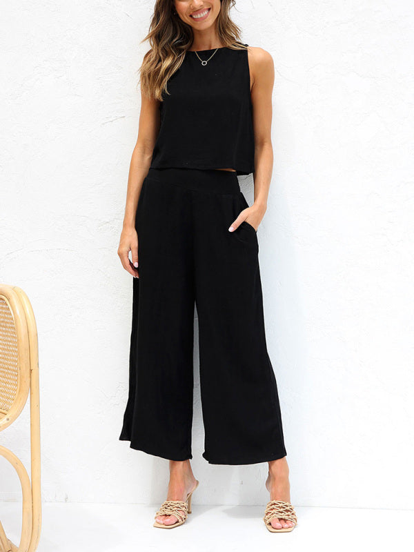 W&W Mode | Damen Lässige Ärmellose Knopfleiste Weste Kurze Weit Geschnittene Hose Baumwolle Und Leinen Anzug
