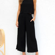 WW | Damen Lässige Ärmellose Knopfleiste Weste Kurze Weit Geschnittene Hose Baumwolle Und Leinen Anzug