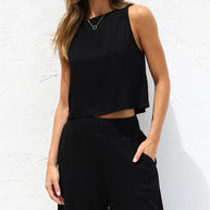 WW | Damen Lässige Ärmellose Knopfleiste Weste Kurze Weit Geschnittene Hose Baumwolle Und Leinen Anzug