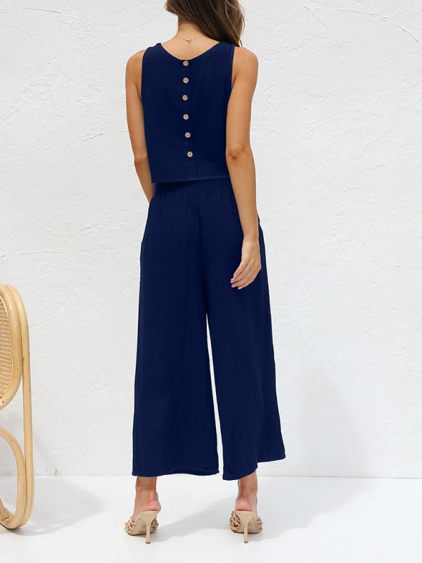 W&W Mode | Damen Lässige Ärmellose Knopfleiste Weste Kurze Weit Geschnittene Hose Baumwolle Und Leinen Anzug