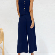 WW | Damen Lässige Ärmellose Knopfleiste Weste Kurze Weit Geschnittene Hose Baumwolle Und Leinen Anzug