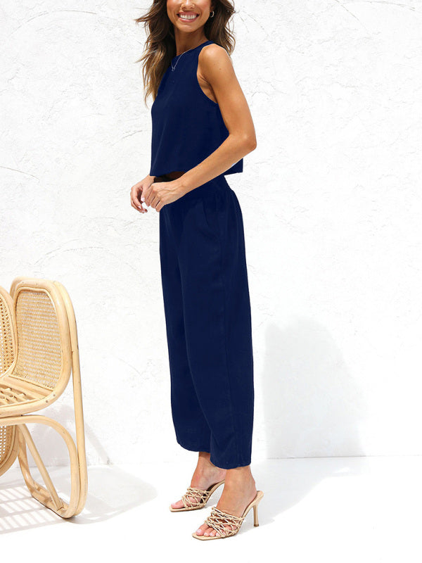W&W Mode | Damen Lässige Ärmellose Knopfleiste Weste Kurze Weit Geschnittene Hose Baumwolle Und Leinen Anzug