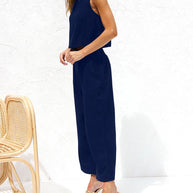 WW | Damen Lässige Ärmellose Knopfleiste Weste Kurze Weit Geschnittene Hose Baumwolle Und Leinen Anzug