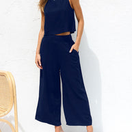 WW | Damen Lässige Ärmellose Knopfleiste Weste Kurze Weit Geschnittene Hose Baumwolle Und Leinen Anzug