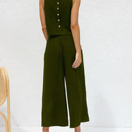 WW | Damen Lässige Ärmellose Knopfleiste Weste Kurze Weit Geschnittene Hose Baumwolle Und Leinen Anzug