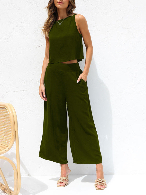W&W Mode | Damen Lässige Ärmellose Knopfleiste Weste Kurze Weit Geschnittene Hose Baumwolle Und Leinen Anzug