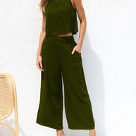 WW | Damen Lässige Ärmellose Knopfleiste Weste Kurze Weit Geschnittene Hose Baumwolle Und Leinen Anzug