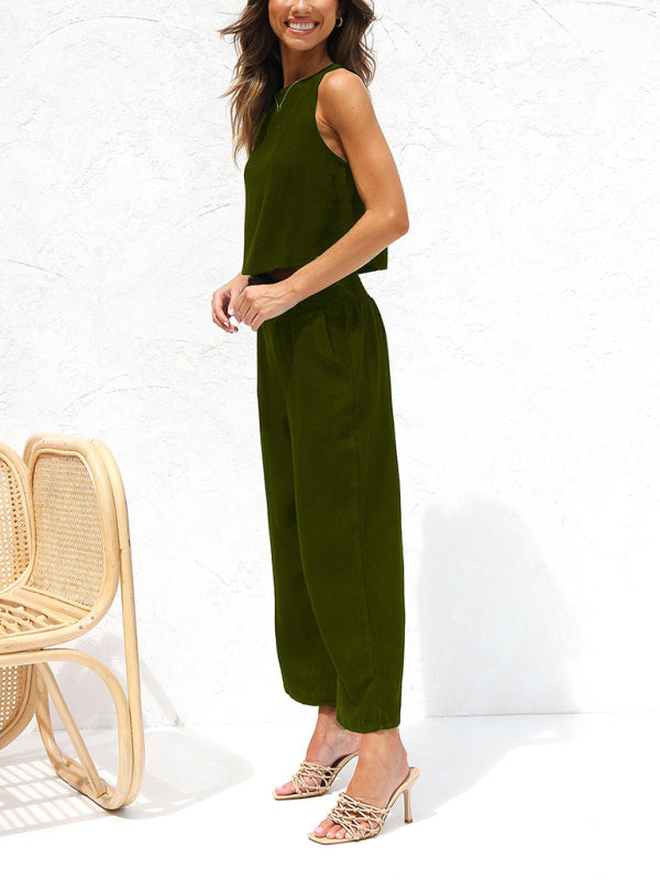 WW | Damen Lässige Ärmellose Knopfleiste Weste Kurze Weit Geschnittene Hose Baumwolle Und Leinen Anzug