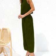 WW | Damen Lässige Ärmellose Knopfleiste Weste Kurze Weit Geschnittene Hose Baumwolle Und Leinen Anzug