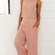 WW | Damen Lässige Ärmellose Knopfleiste Weste Kurze Weit Geschnittene Hose Baumwolle Und Leinen Anzug