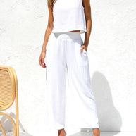 WW | Damen Lässige Ärmellose Knopfleiste Weste Kurze Weit Geschnittene Hose Baumwolle Und Leinen Anzug