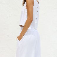 WW | Damen Lässige Ärmellose Knopfleiste Weste Kurze Weit Geschnittene Hose Baumwolle Und Leinen Anzug