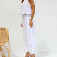 WW | Damen Lässige Ärmellose Knopfleiste Weste Kurze Weit Geschnittene Hose Baumwolle Und Leinen Anzug