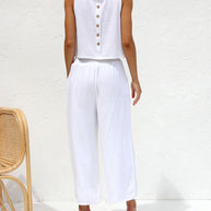 WW | Damen Lässige Ärmellose Knopfleiste Weste Kurze Weit Geschnittene Hose Baumwolle Und Leinen Anzug