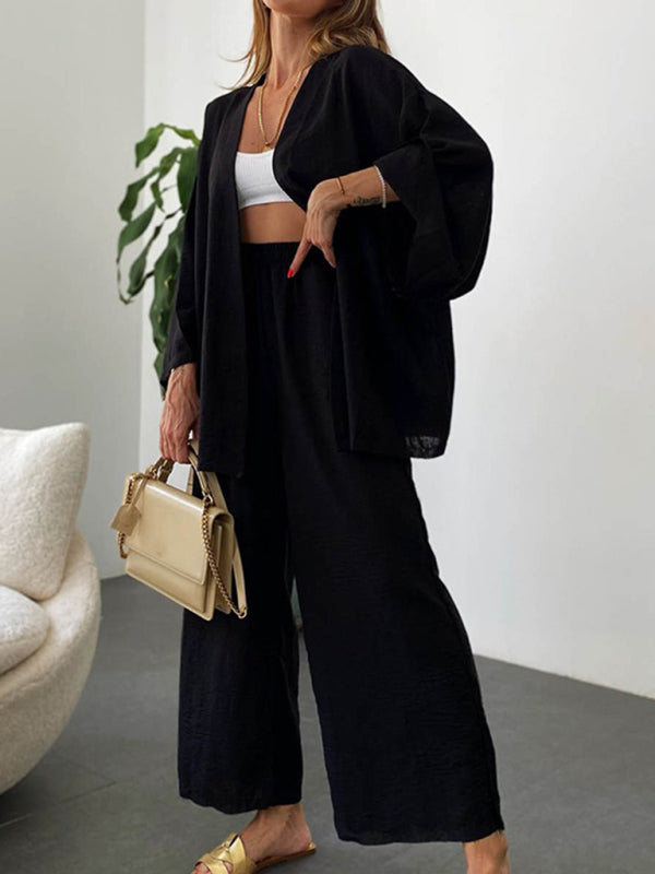 W&W Mode | Neue Baumwoll Und Leinenanzug Strickjacke Langärmliges Oberteil Tasche Weit Geschnittene Hose Zweiteiler Satz