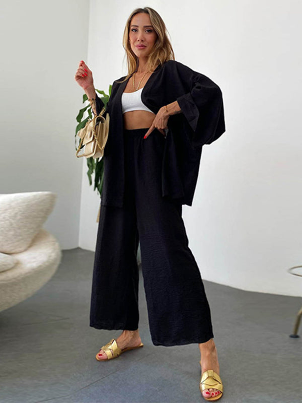 W&W Mode | Neue Baumwoll Und Leinenanzug Strickjacke Langärmliges Oberteil Tasche Weit Geschnittene Hose Zweiteiler Satz