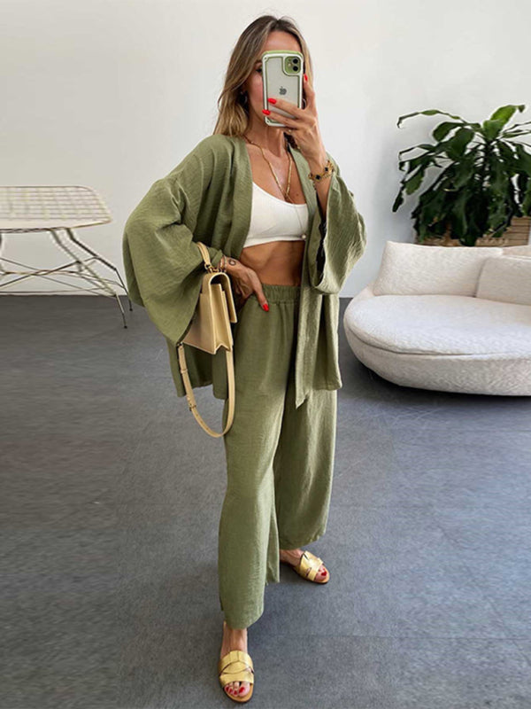 WW | Neue Baumwoll Und Leinenanzug Strickjacke Langärmliges Oberteil Tasche Weit Geschnittene Hose Zweiteiler Satz
