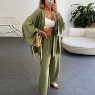WW | Neue Baumwoll Und Leinenanzug Strickjacke Langärmliges Oberteil Tasche Weit Geschnittene Hose Zweiteiler Satz