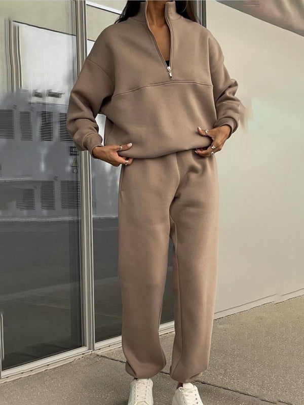 WW | Langarm Reißverschluss Stehkragen Pullover Bequemer lockerer Sport Freizeitpullover Zweiteiliges Set