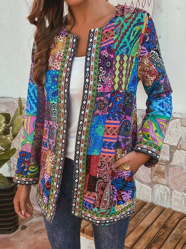 WW | Lässige retro Baumwolle und Leinen bedruckte lockere langärmelige Cardiganjacke