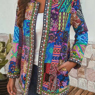 WW | Lässige retro Baumwolle und Leinen bedruckte lockere langärmelige Cardiganjacke