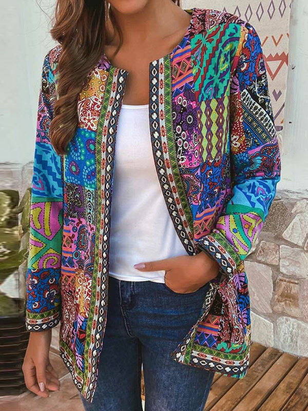 WW | Lässige retro Baumwolle und Leinen bedruckte lockere langärmelige Cardiganjacke
